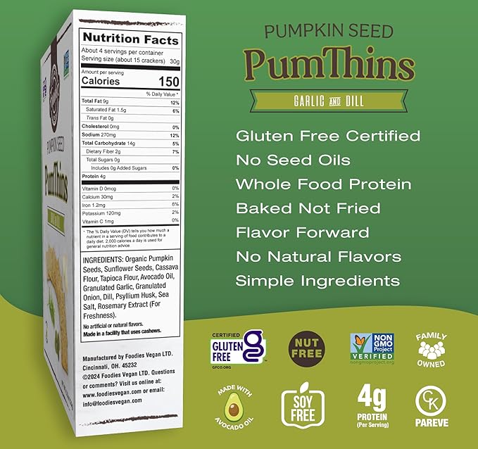 Foodies PumThins Garlic and Dill Pumpkin Seed Crackers, Gluten Free, Grain Free, Low Carb, No Seed Oils, High Protein, Clean Ingredients, 4.25 oz (1-Pack)