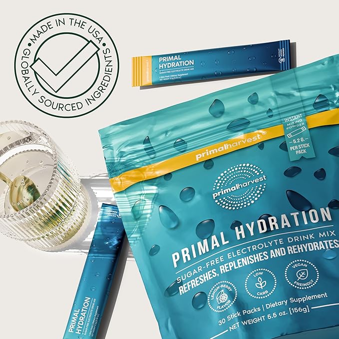 Primal Harvest Electrolytes Powder Packets Primal Hydration, Easy Open Packets, Energy Drink Mix (Lemon Berry, 30 Packs) (1 Bag)