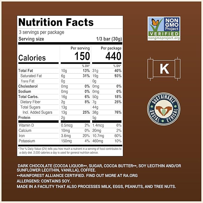 Chocolove Coffee Crunch Dark Chocolate Bars | 55% Cocoa | Crunchy Coffee Bean Bits | Smooth & Sweet | Premium Belgian Dark Chocolate | Non GMO, Rainforest Alliance Certified, 3.2oz Bar (12 Pack)
