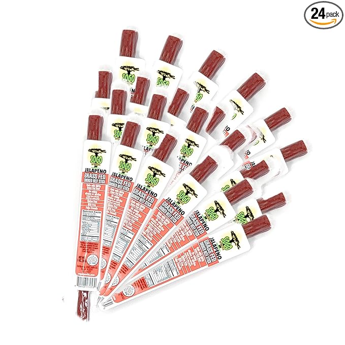 Jalapeno 100% Grass Fed Beef Sticks, Sogo Snacks, Low Carb and Gluten-Free Snack, Hiking and Road Trip Snacks, Snack Pack of 24 Level 3.5 of 5 Spicy Jerky Sticks