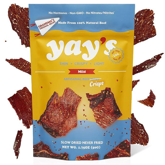 Yay's Snacks Sweet and Spicy Beef Crisps | Crispy, Crunchy, High Protein Snacks | Mild Beef Jerky with 24G Protein Snacks Per Bag | Healthy Meat Snacks Non-GMO, USA Made - 1 Packs (1.75 Oz Each)