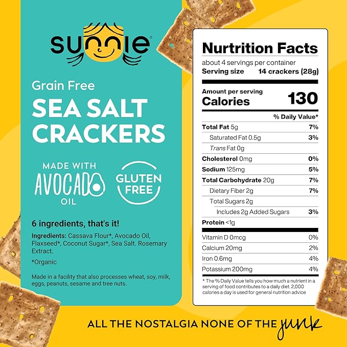 Sunnie Gluten Free Crackers, Healthy Grain-Free Sea Salt Cracker, Snacks for Kids & Adults, Made with Avocado Oil, Only 6 Ingredients, Vegan Snack, Low Calorie, 4 Oz, Pack of 12