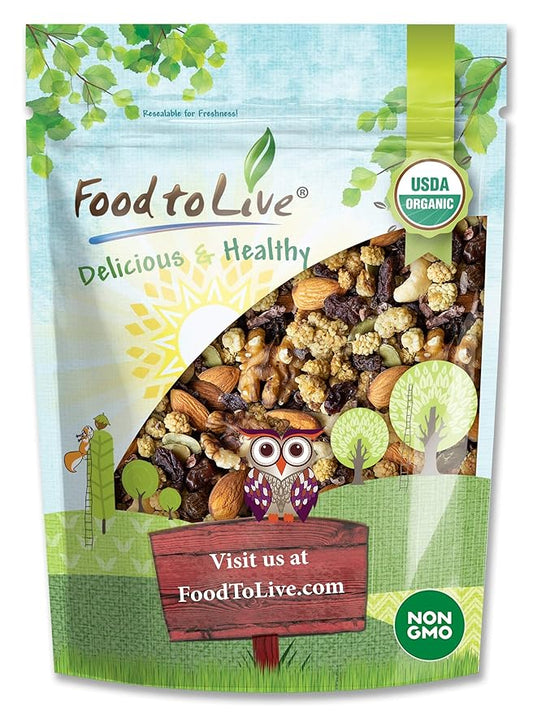 Food to Live - Organic Snack Wise Trail Mix, 2 Pounds — Raw, Non-GMO, Mix Contains Cacao Nibs, Raisins, Almonds, Cashews, Walnuts, Mulberries, Pumpkin Seeds. Vegan, Kosher, No Added Sugar, Bulk
