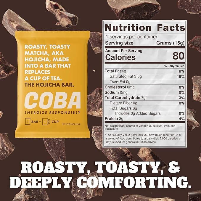 COBA Caffeinated Coffee Chocolate [1 Bar = 1 Cup of Hojicha] - Energy Boost, Portable, All Natural Caffeine for Gym, Travel, Daily Use - Gluten Free, Non GMO (8 Pack, Hojicha)