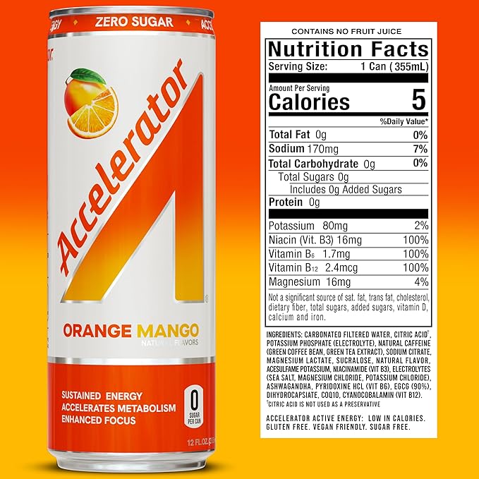 Accelerator Energy Drink, Orange Mango 12oz can (12 pack), Zero Sugar, Sustained Energy from 100% Natural Caffeine (200mg from Green Coffee Bean & Green Tea extract)