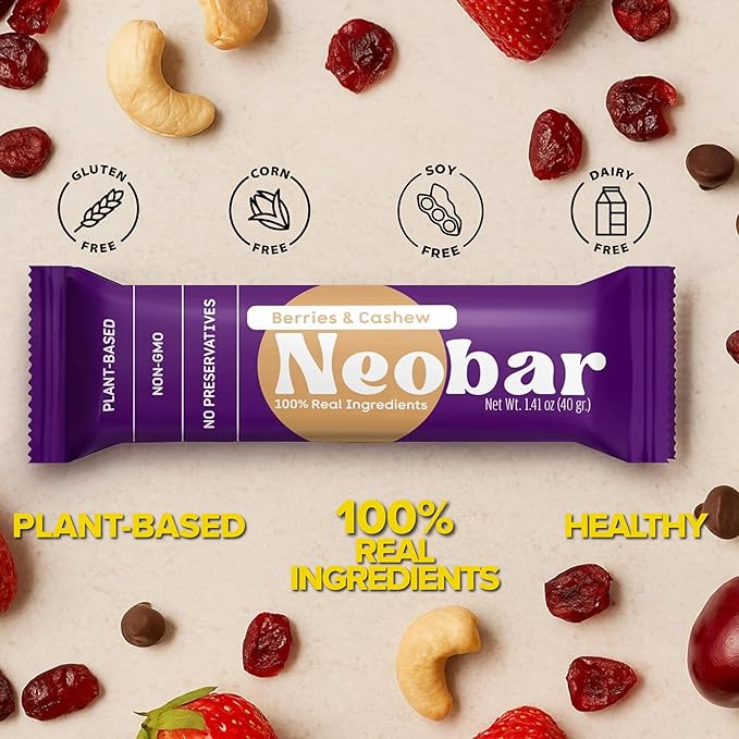 NEOBAR Fruit and Nut Bars - Plant-Based Vegan Snack Bars, Gluten Free Dairy Free Snacks, No Added Sugar, No Preservatives, Non-GMO | Berries & Cashew,12 Count