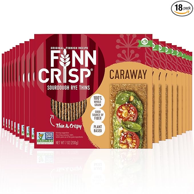 Finn Crisps Rye Crispbread with Caraway 7oz, 18 Pack Bulk Order | Thin, Crispy Rye Flatbreads| Authentic Finnish Sourdough | Caraway Crackers by Finn Crisp [18 Boxes x 7oz]