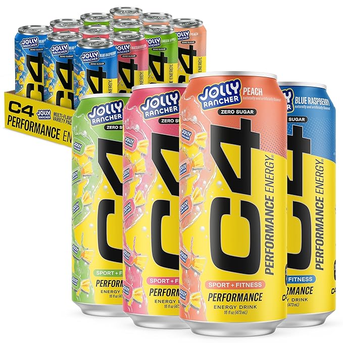 Cellucor C4 Performance Energy Drink | Jolly Rancher Variety Pack | Zero Sugar Carbonated Preworkout Energy | 200mg Caffeine with Beta Alanine | 16 Fl Oz Can (12 Pack)