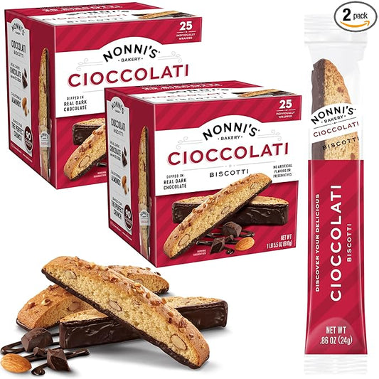 Nonni's Cioccolati Dark Chocolate Almond Biscotti Cookies – Individually Wrapped Italian Coffee Snack, Crunchy Twice-Baked, 90 Cal Each, 21.5 oz Carton, 2 Pack