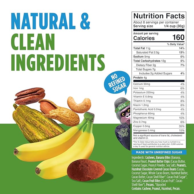 Blue Stripes - Trail Mix, Peanut Butter Banana, Cashews, Peanut Butter Chips, Healthy Snacks for Adults, Whole 70% Cacao, With Unrefined Sugar, Non GMO, Gluten Free, Vegan - 2 Pack, 8 oz