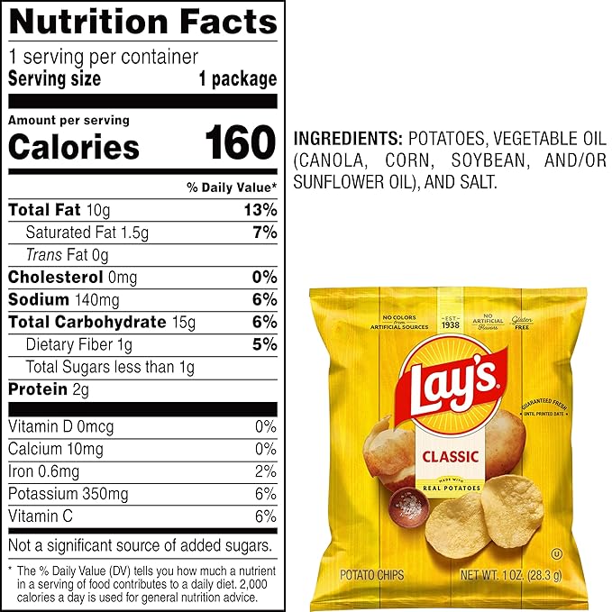 Lay's Potato Chips, Classic, 1 Ounce (Pack of 40)