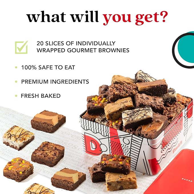 David's Cookies Assorted Brownies Gift Tin - 20 Slices of Individually Wrapped Gourmet Brownies - Delicious Variety of Flavors, Fresh Baked Snacks - Ideal Brownies Gift Basket For Special Occasions