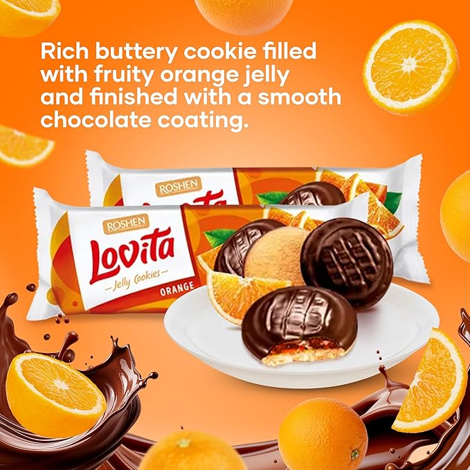 Roshen Lovita Cookies with Orange Jelly Filling, 4.76 oz, Golden Biscuit with Real Orange Jelly & Smooth Chocolate Glaze, European Gourmet Cookies, Pack of 2