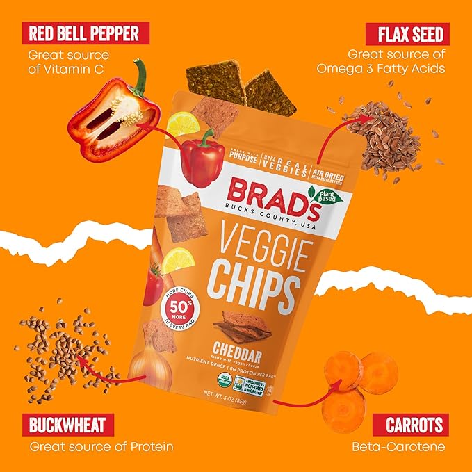 Brad’s Plant-Based - Organic Veggie Cheddar Chips - Delicious Healthy Snacks - High Protein & High Fiber Snacks - Low Carb - Organic Veggie On-the-Go Cheddar Chips - 3 Oz (Pack of 5)
