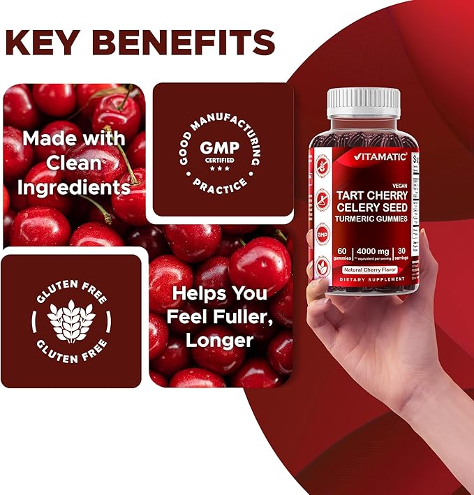 Vitamatic Tart Cherry with Celery Seed Gummies – 4000mg Equivalent Per Serving (from 10:1 Extract, 400mg) - 2-Pack