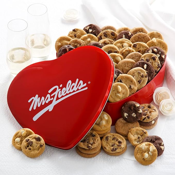 Mrs. Fields 48 Nibblers Bite-Sized Cookies Signature Heart Tin - Assorted with 48 Nibblers Cookies in our 5 Classic Cookie Flavors