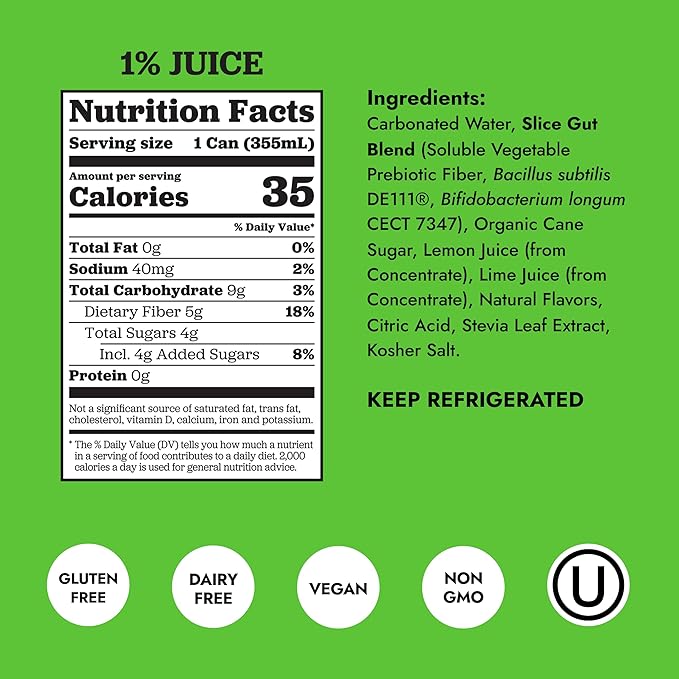 Slice Healthy Soda, Lemon Lime, Prebiotic & Probiotic Soda Pop, 5g Fiber, 35 calories, 12 fl oz 12 Pack