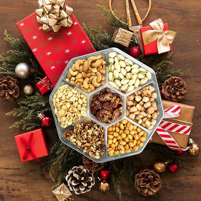 valentines day Nuts Gift Basket - 7 Sectional Platter With a Variety of Freshly Roasted Nuts - Beautifully Packaged Gift for Birthday, Sympathy. Large Family Pack.