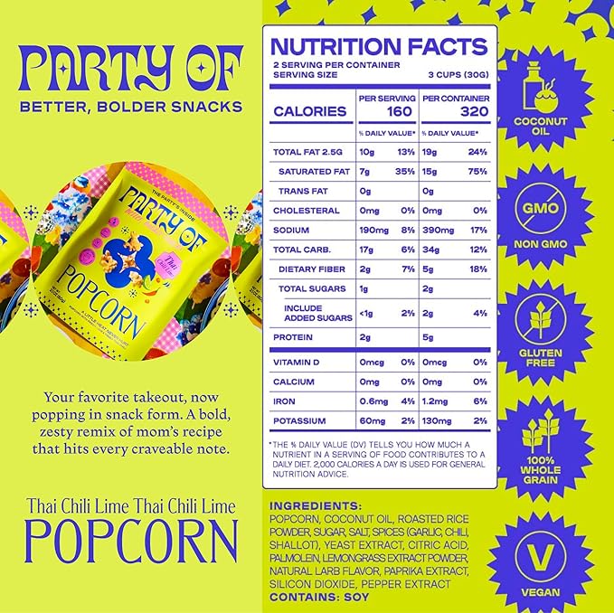 Party of Thai Chili Lime Popcorn Snack – Savory Citrus Heat with Spicy Kick – Gluten-Free, Veggie-Based, Healthy Snack – Individually Wrapped for Easy Snacking – Full Size Box of 4 – Chili Lime