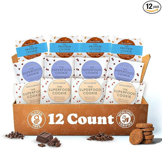 Love + Chew Soft Baked Vegan Cookies, Gluten Free, 7-10g Plant Based Protein Per Cookie, Healthy Snacks, Individually Wrapped Chocolate Cookies, Chocolate Lover Variety Pack, 12 Pack