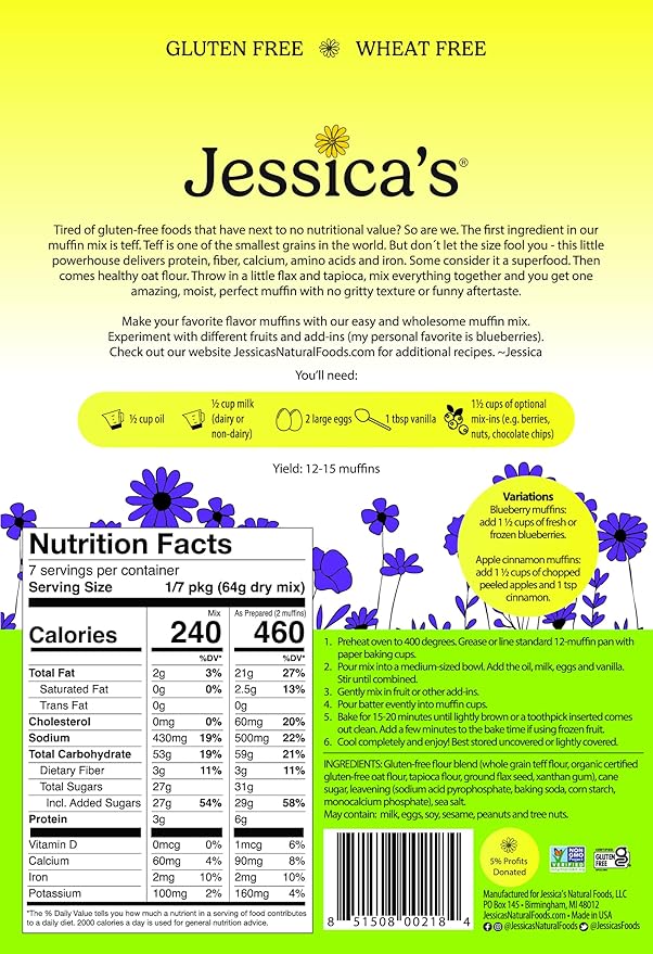 Jessica’s Natural Foods - Gluten-Free Muffin Mix Made with the Ancient-Grain Teff and Wholesome Oat Flour, Non-GMO, and Gluten Free. 3 Per Pack