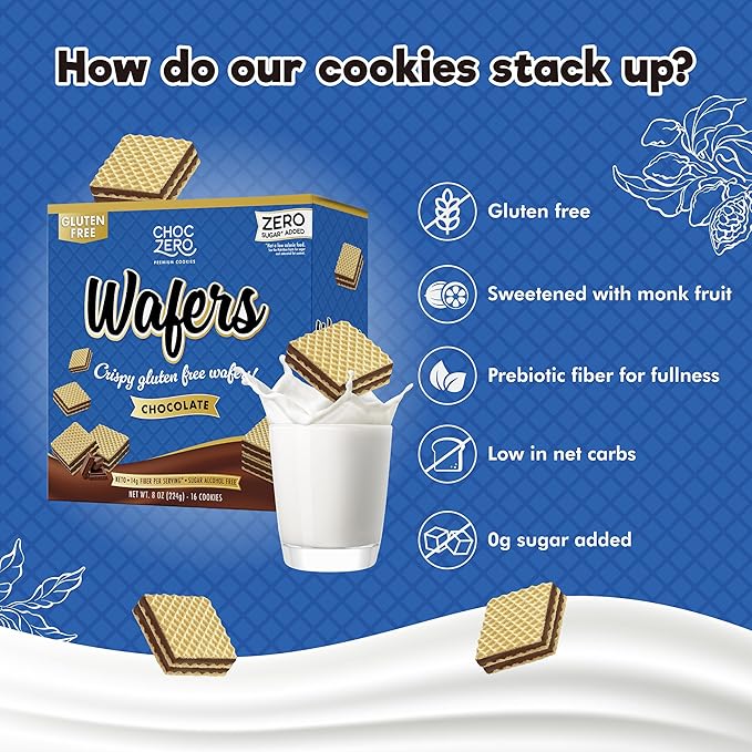 ChocZero Chocolate Wafer Cookies – Sugar Free, Keto Friendly, Low Carb Cookies with No Sugar Alcohols, Gluten Free & Individually Wrapped – 8 oz Box