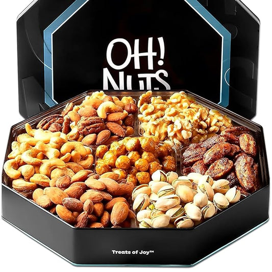 Oh! Nuts Gift Basket 7 Section Assorted Gift Tin Box - Gourmet 7 Variety Fresh Roasted Nuts - Healthy Snacks for Birthday, Anniversary, Family Party, Movie Night - for Men & Women