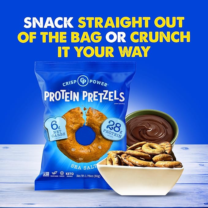 Crisp Power High Protein Pretzels, Sea Salt, High Protein Snack, 28G Protein, Low Carb, Crunchy, No Added Sugar, Keto-Friendly Snack, 1.75 oz Bags, 24 Pack, Vegan, Plant-Based, Keto