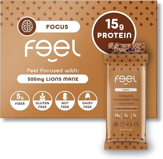 Feel Vegan Protein Bars, Focus, Lion’s Mane, Dairy, Nut, Grain, Soy Free, 15g Plant Protein, Adaptogenic Snack, Organic, Low Sugar, Low Carb, Gluten Free, Brownie Chocolate Chip, 10 Pack