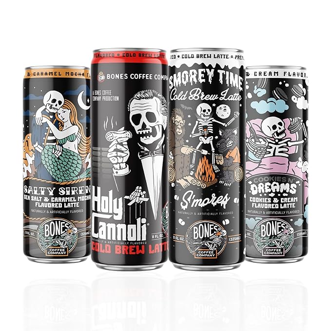 Bones Coffee Company Variety Pack Flavored Coffee, S'morey Time, Salty Siren, Holy Cannoli and Cookies N' Dreams Ready To Drink Latte Coffee in Can | Variety Flavors in Cans | 11 Fl Oz Can (12 Pack)