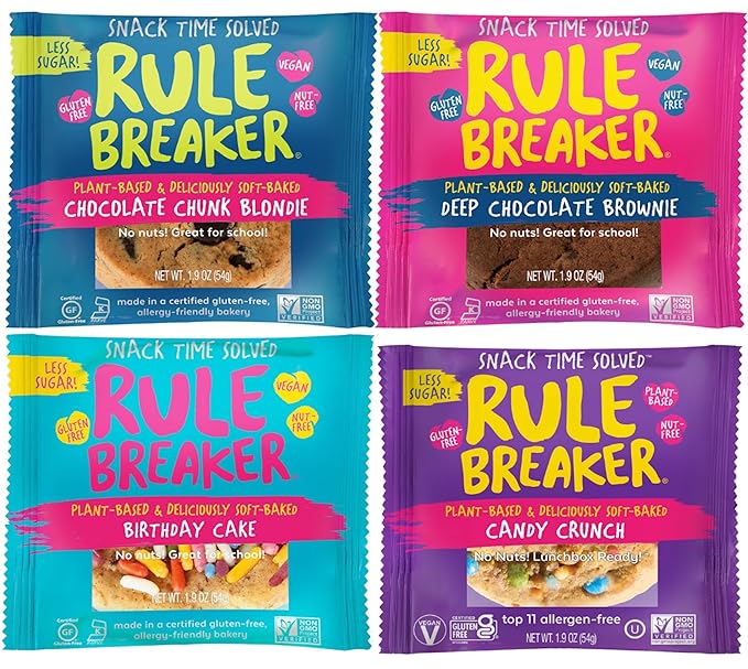Rule Breaker Vegan & Gluten Free Cookies | Variety Pack Brownie 4 Flavor | Plant-Based, Dairy, Nut, Soy, Allergen Free, Kosher | Soft-Baked School Snacks Cookies for Kids & Adults (Pack of 4)