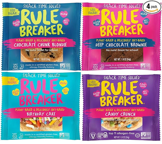 Rule Breaker Vegan & Gluten Free Cookies | Variety Pack Brownie 4 Flavor | Plant-Based, Dairy, Nut, Soy, Allergen Free, Kosher | Soft-Baked School Snacks Cookies for Kids & Adults (Pack of 4)