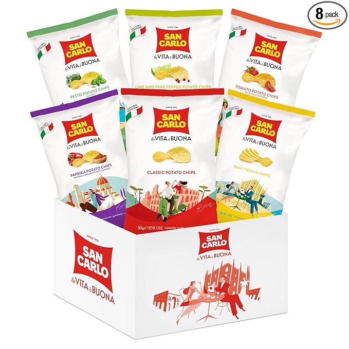 San Carlo Variety Pack 8X 50g Multi Flavours n°1 Italian Potato Chips – Classic, Wavy, Paprika, Pesto, Lime and Pink Pepper, Tomato