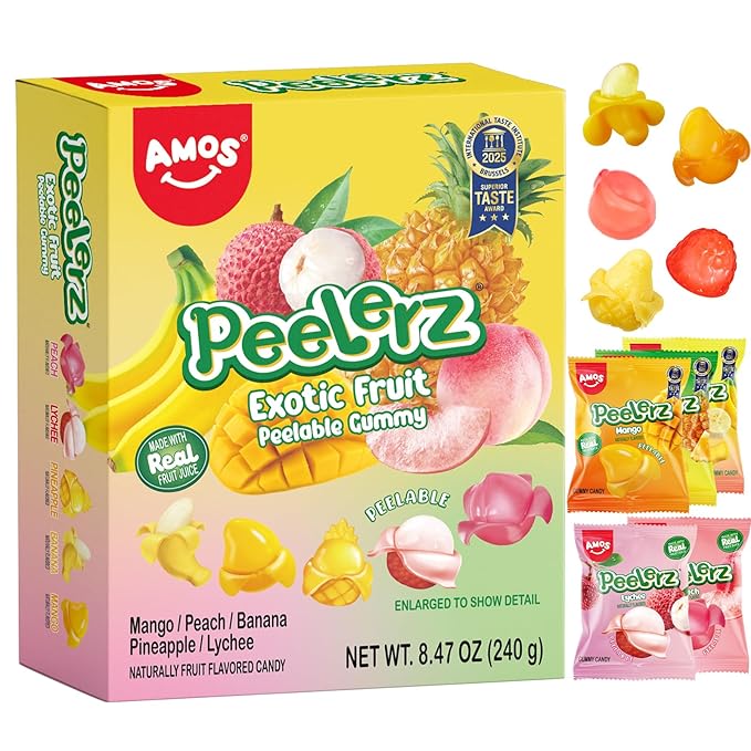 AMOS Peelerz Exotic Fruit Peelable Gummy Candy – 5 Fruit Flavors (Mango, Peach, Banana, Pineapple, Lychee), 8.47oz (240g), Individually Wrapped