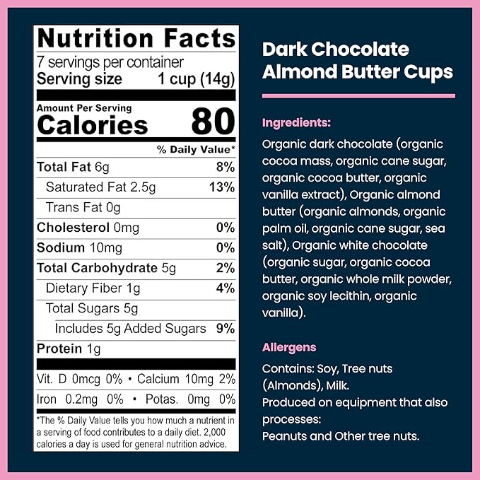 Chocxo Dark Chocolate Almond Butter Cups - Lower Sugar, Organic, NonGMO, Keto, Gluten Free, Kosher. 60% Cacao, No Artificial Sweeteners/Sugar Alcohols, 3.45 oz (Pack of 6)