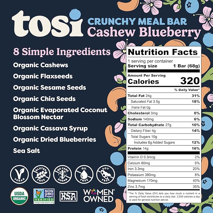 Tosi Meal Nut Bars, Cashew Blueberry, Healthy Snacks for Adults & Kids, Crunchy Plant Based Protein Bar (14G), Keto Snacks, Vegan, Gluten & Soy Free, Low Sugar, Omega 3s, 2.4oz, 12-Pack