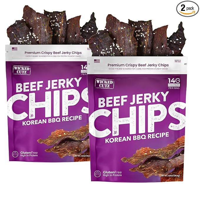 Wicked Cutz Korean BBQ Beef Jerky Chips, 14g Protein per Bag, Crispy & Crunchy Beef Jerky Crisps, USA Made Barbeque Flavored Chips, High Protein Carnivore Snacks (2 Bags)