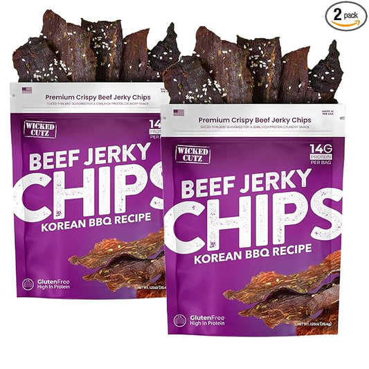 Wicked Cutz Korean BBQ Beef Jerky Chips, 14g Protein per Bag, Crispy & Crunchy Beef Jerky Crisps, USA Made Barbeque Flavored Chips, High Protein Carnivore Snacks (2 Bags)