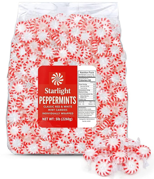 Starlight Peppermint Candy 5 Pound - Bulk Individually Wrapped Hard Mint Candies - Classic Red & White Peppermint Mints for Candy Bowls, Offices, Parties & Holiday Treats (Approx 400 Pieces)