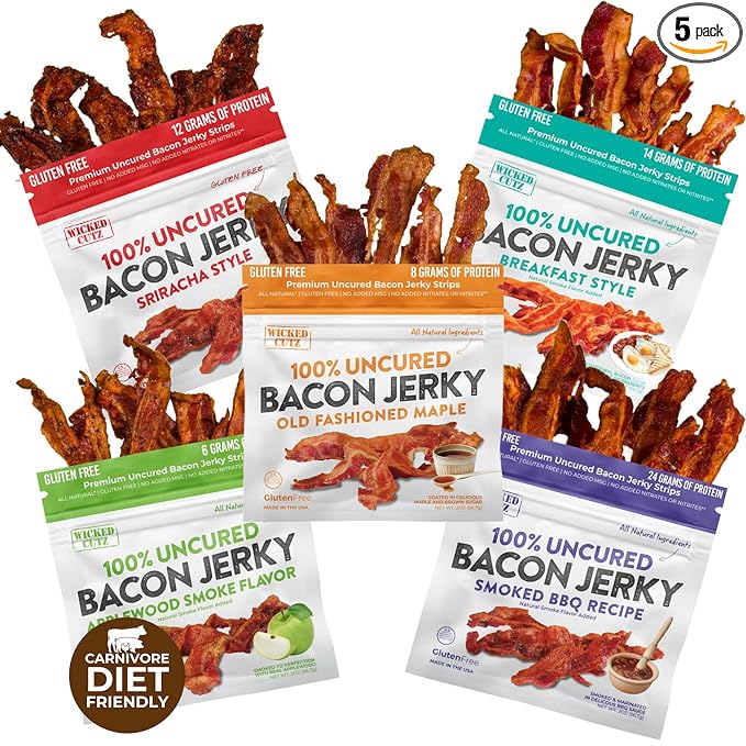 Bacon Jerky Variety Pack, 5 Flavors & Up to 24g Protein Per Bag, Fully Cooked, Tender & Easy to Chew Carnivore Snacks, USA Made High Protein Carnivore Snacks (5 Bags)