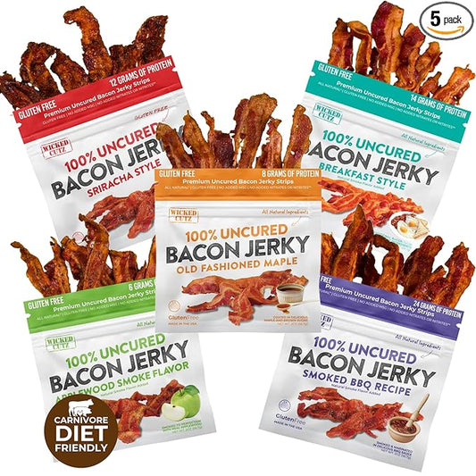 Bacon Jerky Variety Pack, 5 Flavors & Up to 24g Protein Per Bag, Fully Cooked, Tender & Easy to Chew Carnivore Snacks, USA Made High Protein Carnivore Snacks (5 Bags)
