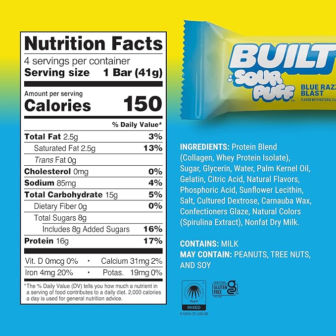 Built Bar, Sour Puff Protein Bars, Variety Pack, Collagen, On-the-go Snacks, Sour Candy, Mixed Sampler, 12 Pack