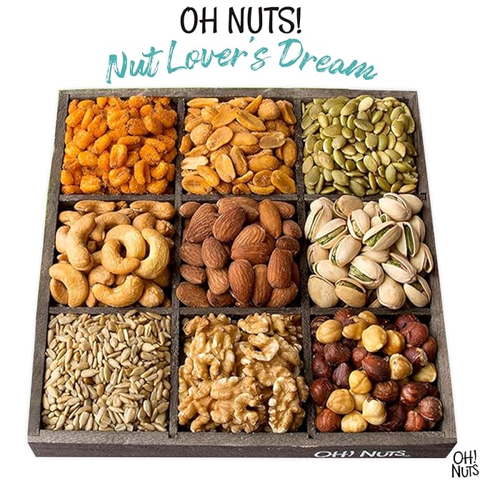 Oh! Nuts 9 Variety Nuts Gift Basket - Healthy Gift Baskets - Gourmet Assorted Nuts Tray - Gift Box for Holiday, Movie Night, Corporate, Families - Gift Ideas for Men and Women