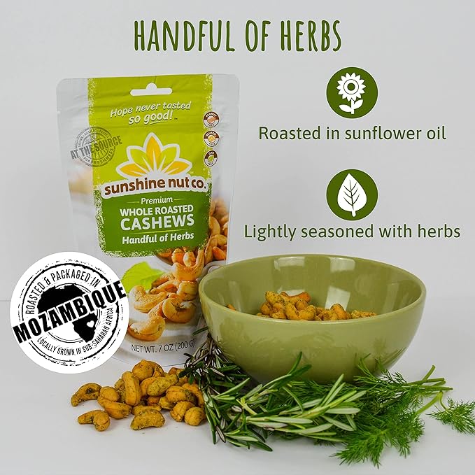 Sunshine Nut Company Whole Roasted Lightly Salted Cashews, Handful of Herbs Flavor, Single 7 oz. Bag, Gluten Free, Peanut Free and Vegan Individual Snack Packs for Kids and Adults, GMO Free