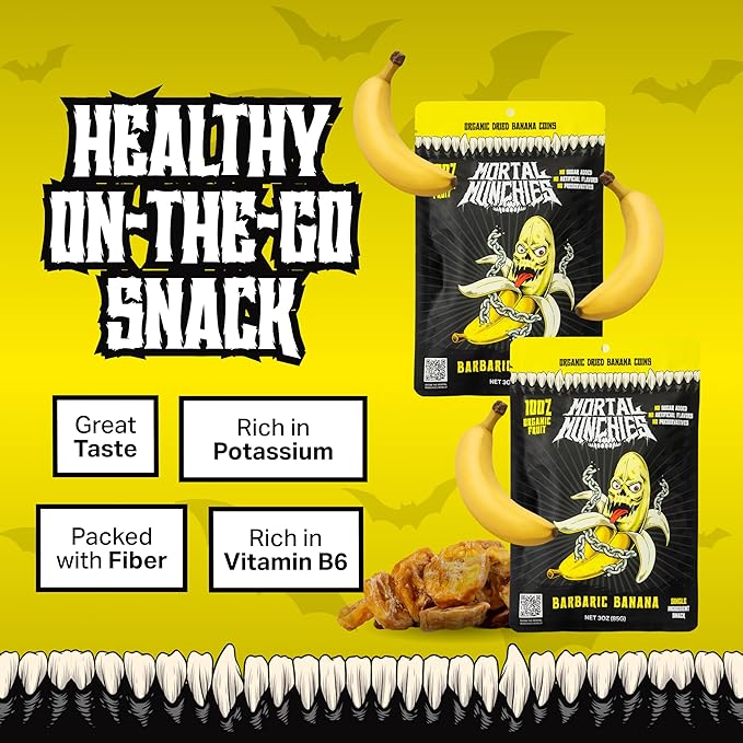 Mortal Munchies - Dried Fruit (6 Pack, 3 Oz) Real Fruit Snack, Sweet and Chewy, Rich in Potassium, Fat-Free On-the-Go Snacks, Healthy Snack for Adults, Non-GMO, No Added Sugar (Banana)