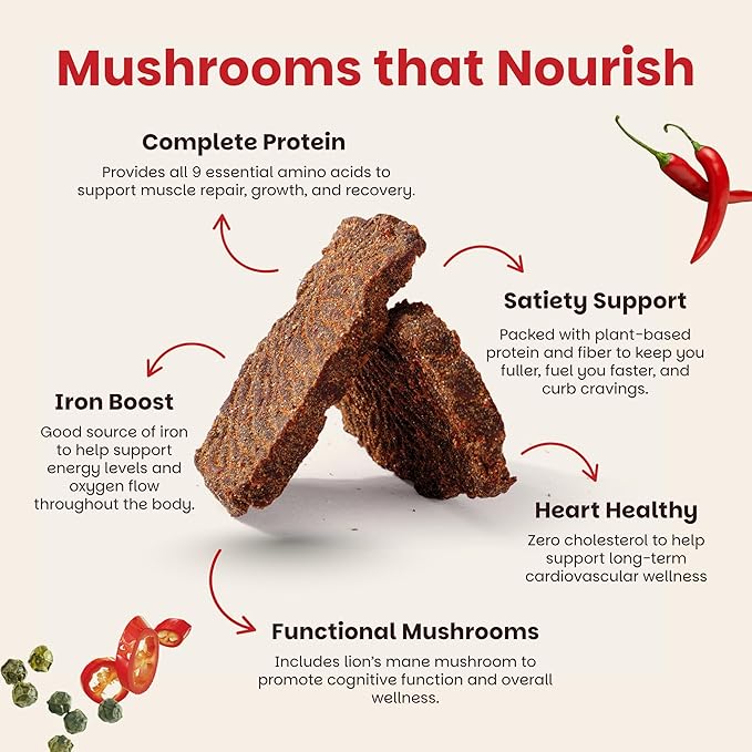 Mourish Vegan Mushroom Bites, Sichuan Peppercorn, 1 Pack (2 oz), Good Source of Protein and Fiber, Plant Based Meat Jerky, Spicy Flavor, Meatless Healthy Snacks for Hiking, Work, Travel & School