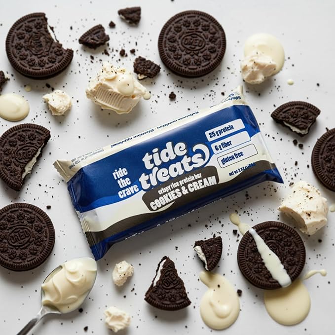 Crispy Rice Protein Treat Bar Cookies And Cream | 25g Protein, Low Sugar, Clean Ingredients, 7 g Fiber, Gluten Free | High Protein Snack for On-the-Go, Post-Workout or Dessert Cravings | 8 Count