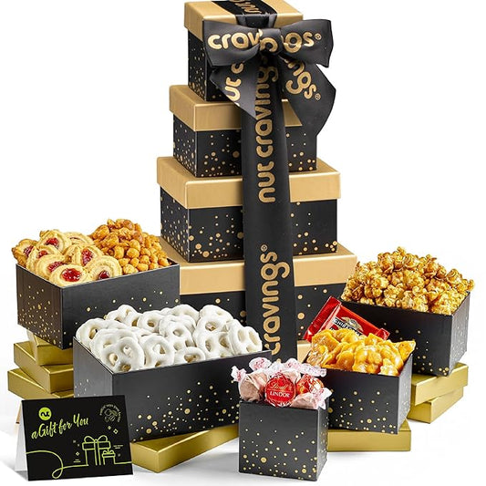 NUT CRAVINGS - Valentines Day Chocolate Covered Pretzels & Caramel Popcorn Gift Basket, Black Tower + Ribbon (8 Assortments) Sweet Treats Food Arrangement, Healthy Snack Care Package, Kosher