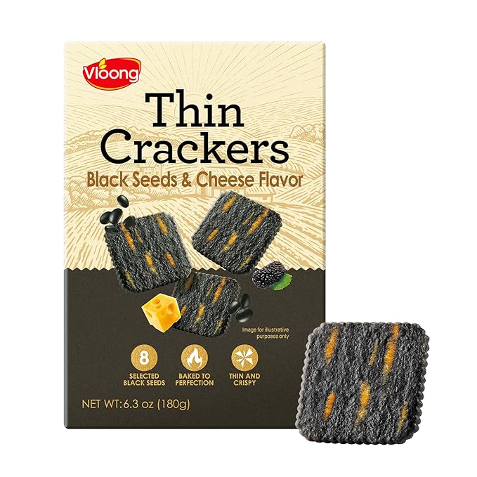 Vloong Black Seeds & Cheese Flavor Thin Crackers, Healthy Snacks with Individual Packs, Baked Crisps with No Artificial Flavors (1 Pack, 6.3 Ounce) Black Wheat, Black Millet, Black Rice, Black Bean, Black Peanut, Black Sesame with Cheddar