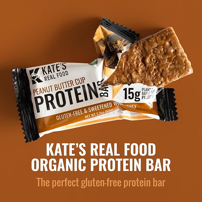 Kate’s Real Food Organic Protein Bars – (Peanut Butter Cup, 2.2 oz, Pack of 12) – Plant Based Protein Bars - Gluten Free, Soy Free, Non GMO, Whole Grains, and All Natural